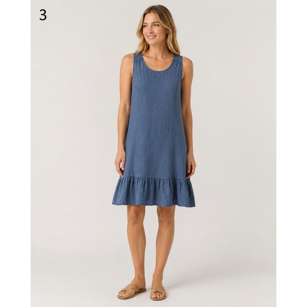 Terzo Millennio Linen Dress Blue Midi Sleeveless Bow Back Ruffle S Made in Italy